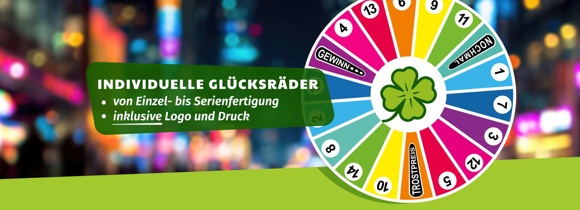 Im Hintergrund Neon-Stadtlichter bei Nacht, darauf ein Glücksrad und die Beschriftung Individuelle Glücksräder